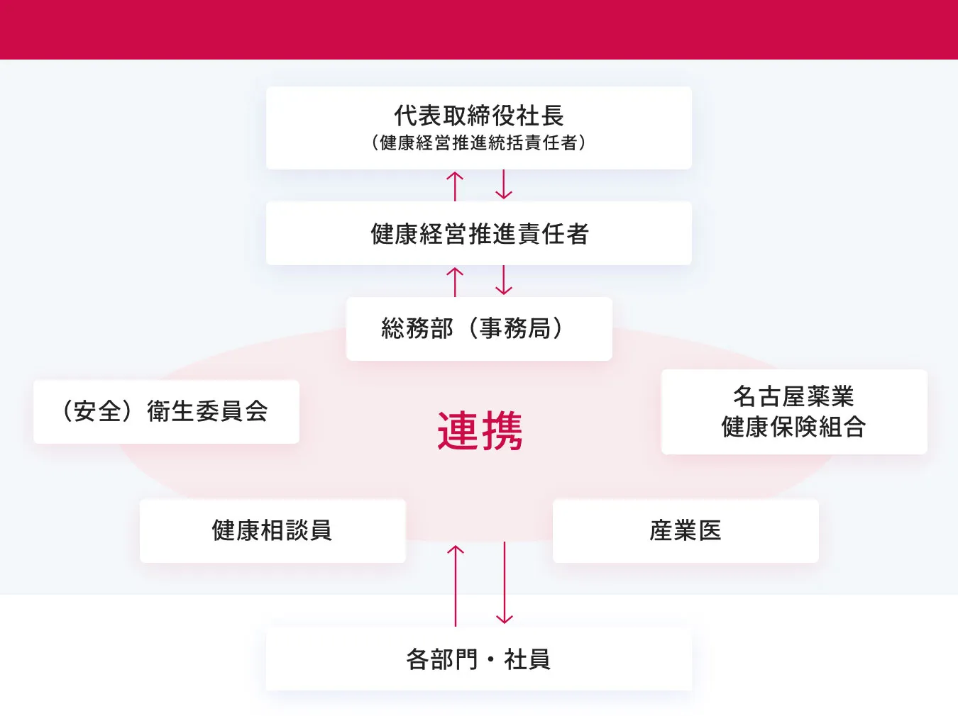 代表取締役社長(健康経営推進統括責任者) 健康経営推進責任者 事務局が連携 総務部 名古屋薬業健康保険組合 産業医 健康相談員 (安全)衛生委員会 各部門・社員